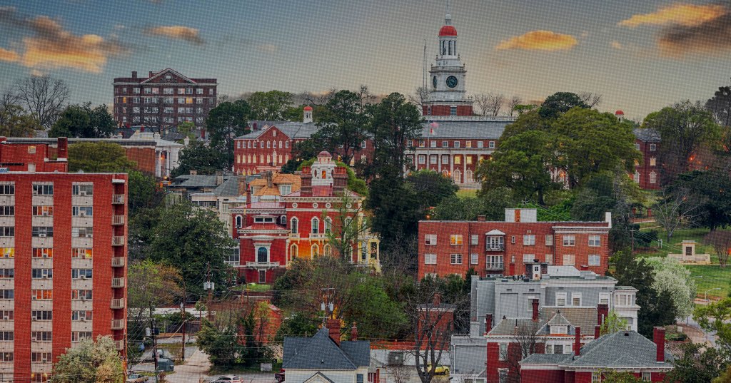 A image of Macon, Georgia's skyline stylized to look like newsprint.