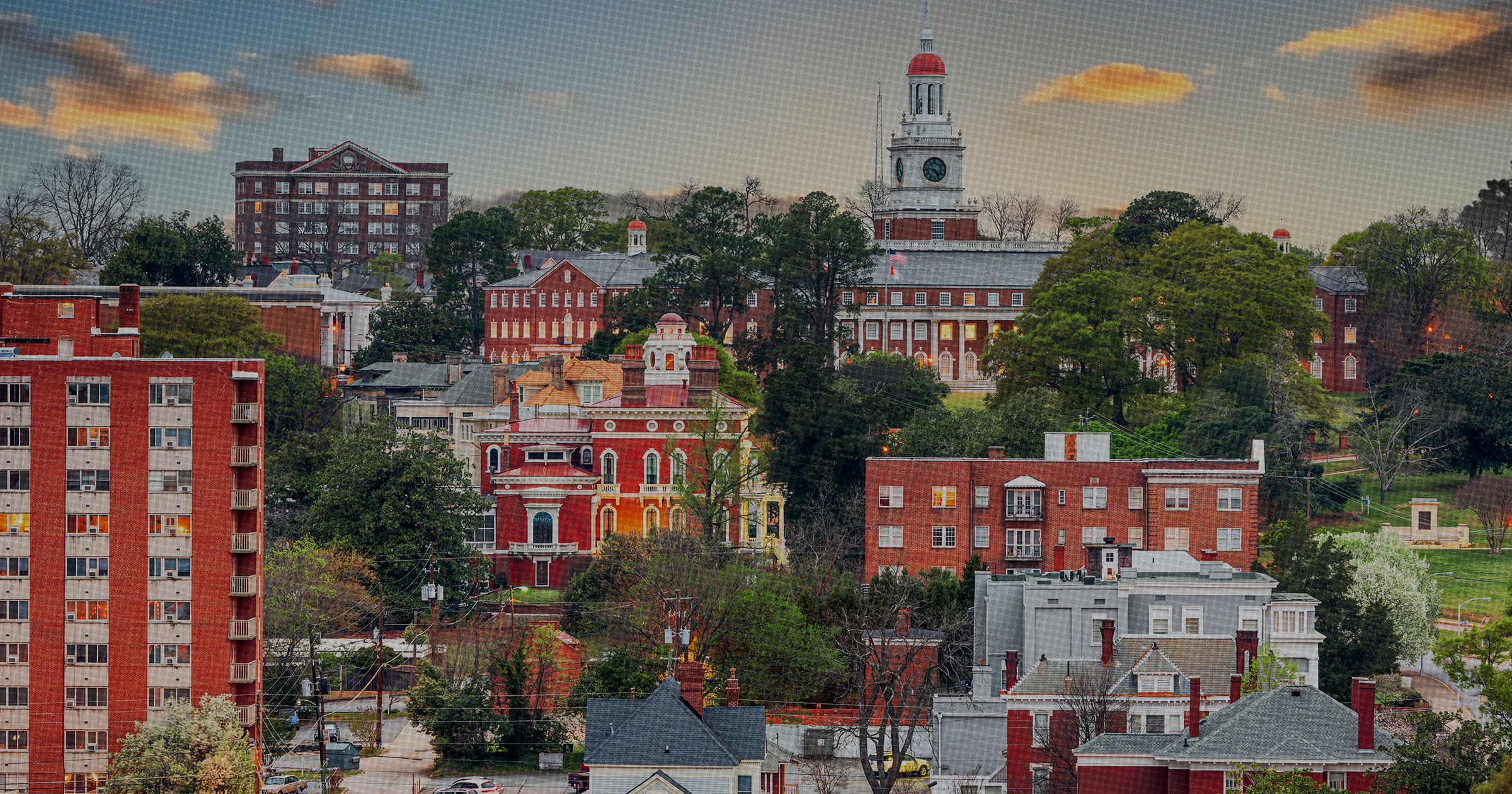 A image of Macon, Georgia's skyline stylized to look like newsprint.